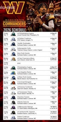 WASHINGTON COMMANDERS 2026 NFL Schedule LAMINATED LARGE DECAL 4" X 8"