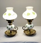 Parlor Lamp Hand Painted Milk Glass Pair Green leaves Gone with the Wind Vtg