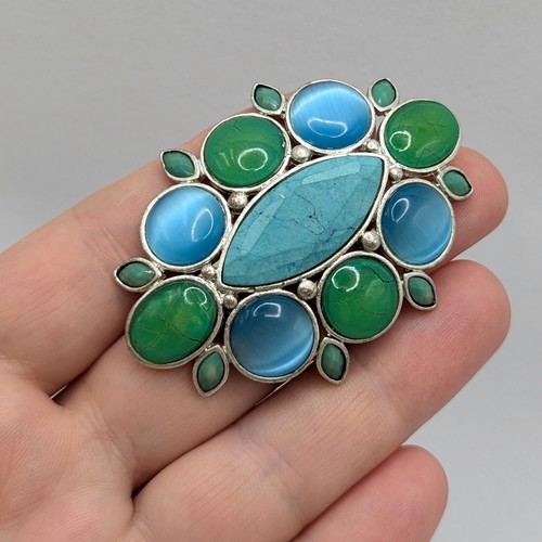 Vintage Brosche LC Liz Claiborne Uranglas Blau Grüne Cabochons Silberfarben Ton - Bild 2 von 8