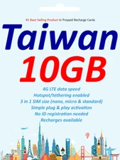 Taiwan Travel data SIM card 10 days 10GB Data CHT 5G unanonymous activation
