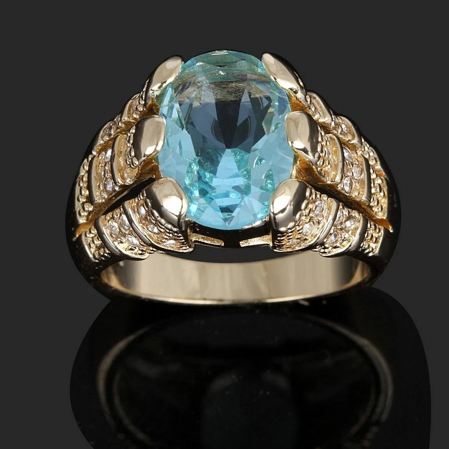 Anillos de banda de aniversario enchapados en oro aguamarina con halo para hombre talla 8-12 Foto 4 de 4