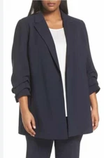 Lafayette 148 womens Oversized Small Blazer Navy Blue Gathered Ruched Sleeve