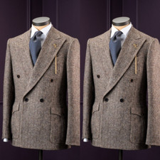 Herringbone Men's Suits Wide Peak Lapel Double Breasted Vintage Party Men Blazer