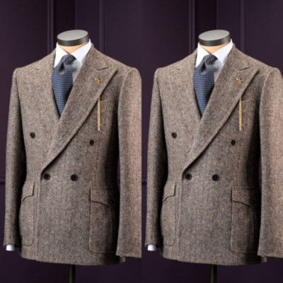Herringbone Men's Suits Wide Peak Lapel Double Breasted Vintage Party Men Blazer