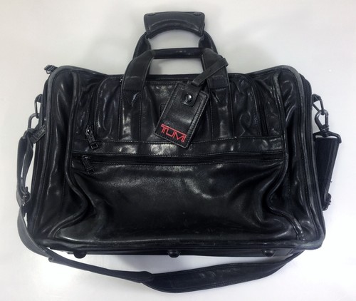 Tumi Alpha Black Leather Organizer Computer Briefcase Adjust Strap Luggage Tag