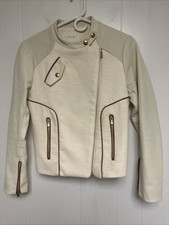 Maje Women Lucas Biker Jacket In Ecru Linen Cotton Tweed Leather Sleeve Size 2