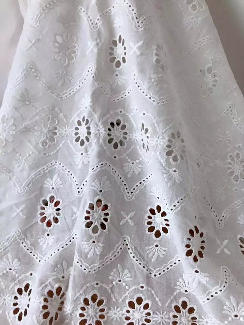 Vintage Style Embroidery Scalloped Cotton Floral Fabric Off White