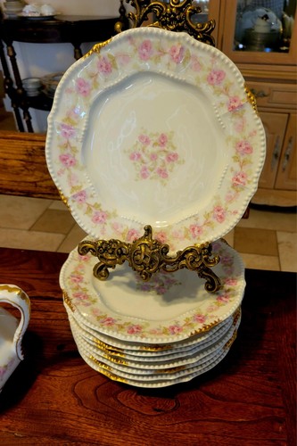 Elite Limoges Pink Gold Gilt 33 Pc Set Dinner Plate Tea Pot Cup Saucer Beaded! - Picture 2 of 24