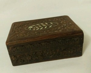 Vintage Small Wooden Box Jewelry Trinket Hand Carved Wood Inlay/" India/"