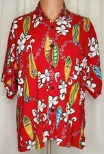 Hawaiian shirt Red Surfboard Uluwatu Hibiscus Aloha Vibrant M Rayon Beach Cruise