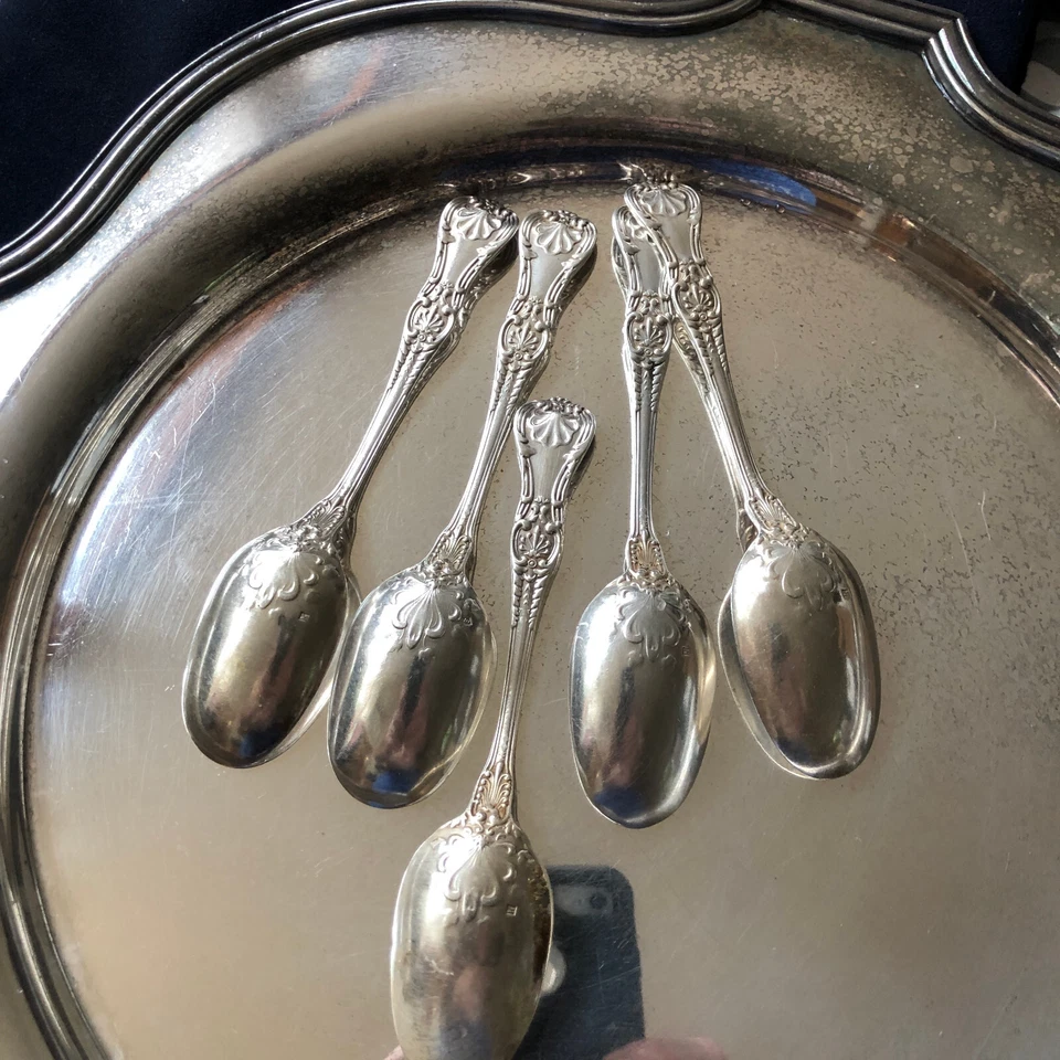 Juego de 5 cucharaditas Sterling GORHAM King George mono "F" plata americana clásica 1894 Foto 3 de 4