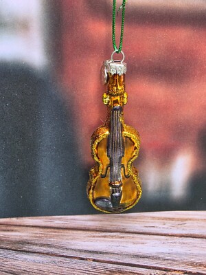 Dept 56 Gold Glitter Glass Music Instrument fiddle violin  Christmas Ornament