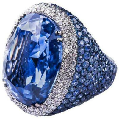 14k White Gold Finish Oval Blue Sapphire VVS1 Lab Created Diamond Wedding Ring