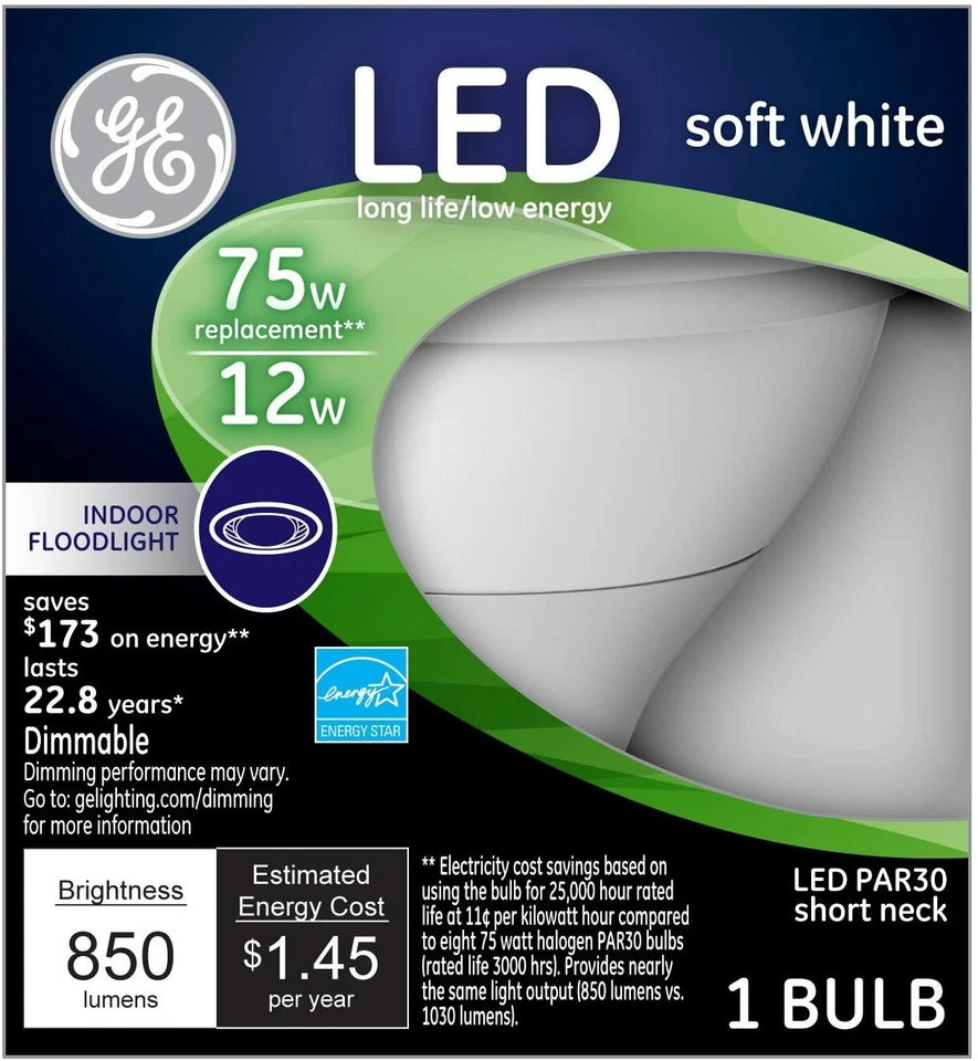 GE LED Indoor Floodlight 12 Watts 75 Watt Replacement Soft White PAR30 Dimmable - Image 2 of 2