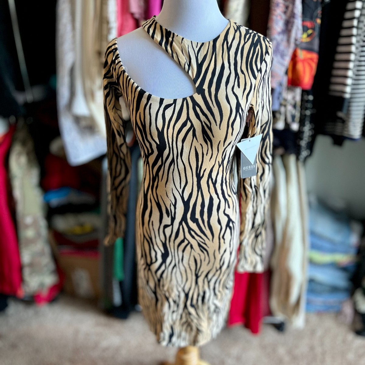 Macys Guess Tiger Print Bodycon Fitted Skinny Slim Long Sleeve Dress Size  XS NWT