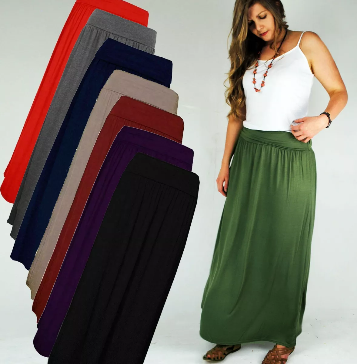 LADIES PLAIN FLOATY MAXI SKIRT WITH FOLD OVER WAISTBAND BOHO GYPSY STYLE 8 18