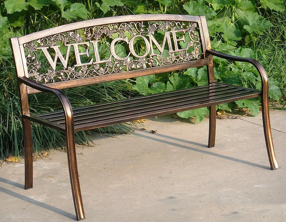 Bronze Finish Metal Welcome Outdoor Garden Bench Vines Park Lawn Patio Furniture