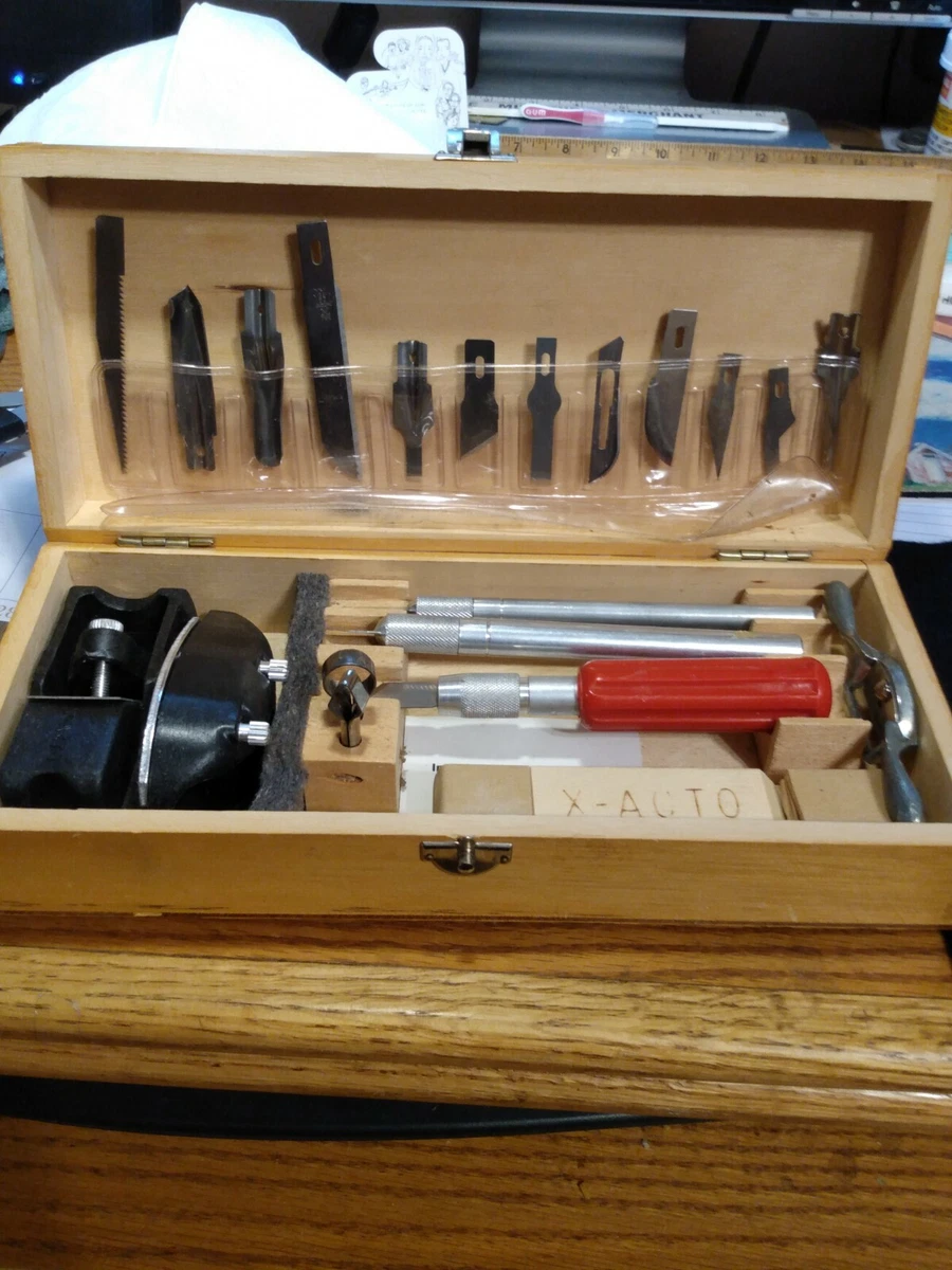 OLDER X-ACTO KNIFE SET w/ WOOD CASE + LOTS OF EXTRAS