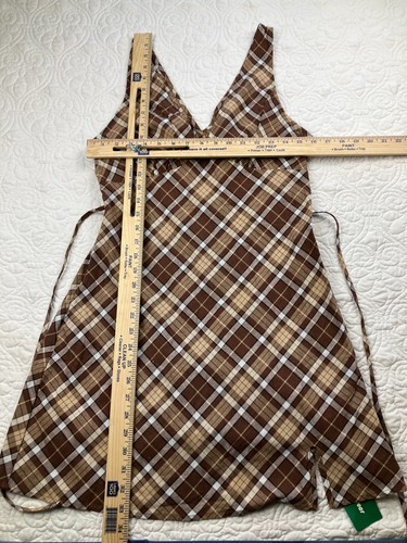 SHEIN EZwear Plaid Print V Neck Dress Coffee Large L 40/42 8/10 Zip Side Tieback - Picture 4 of 10