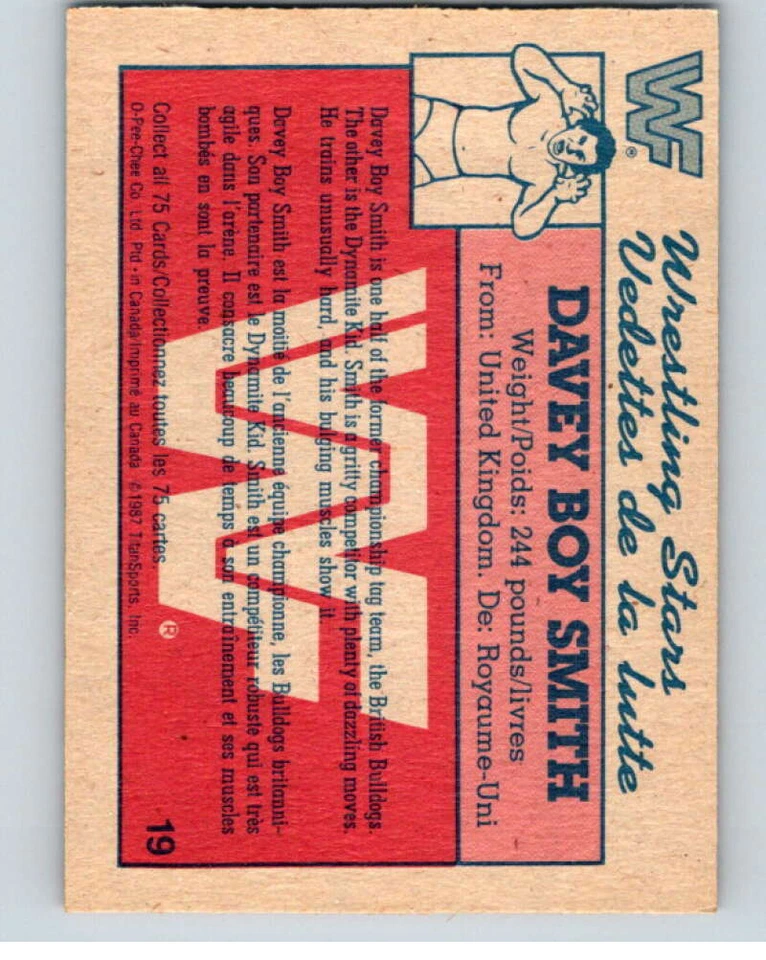 1987 O-Pee-Chee WWF #19 Davey Boy Smith V69449 - Image 2 of 2