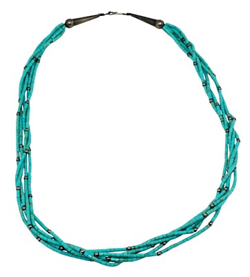 Native American 925 Sterling Silver Liquid Turquoise 5-Strand Necklace 26'' Long!
