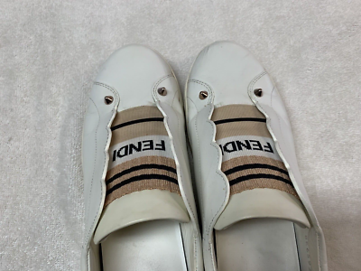 Fendi Vitello Rockoclick White Leather Knit Logo Slip On Sneakers