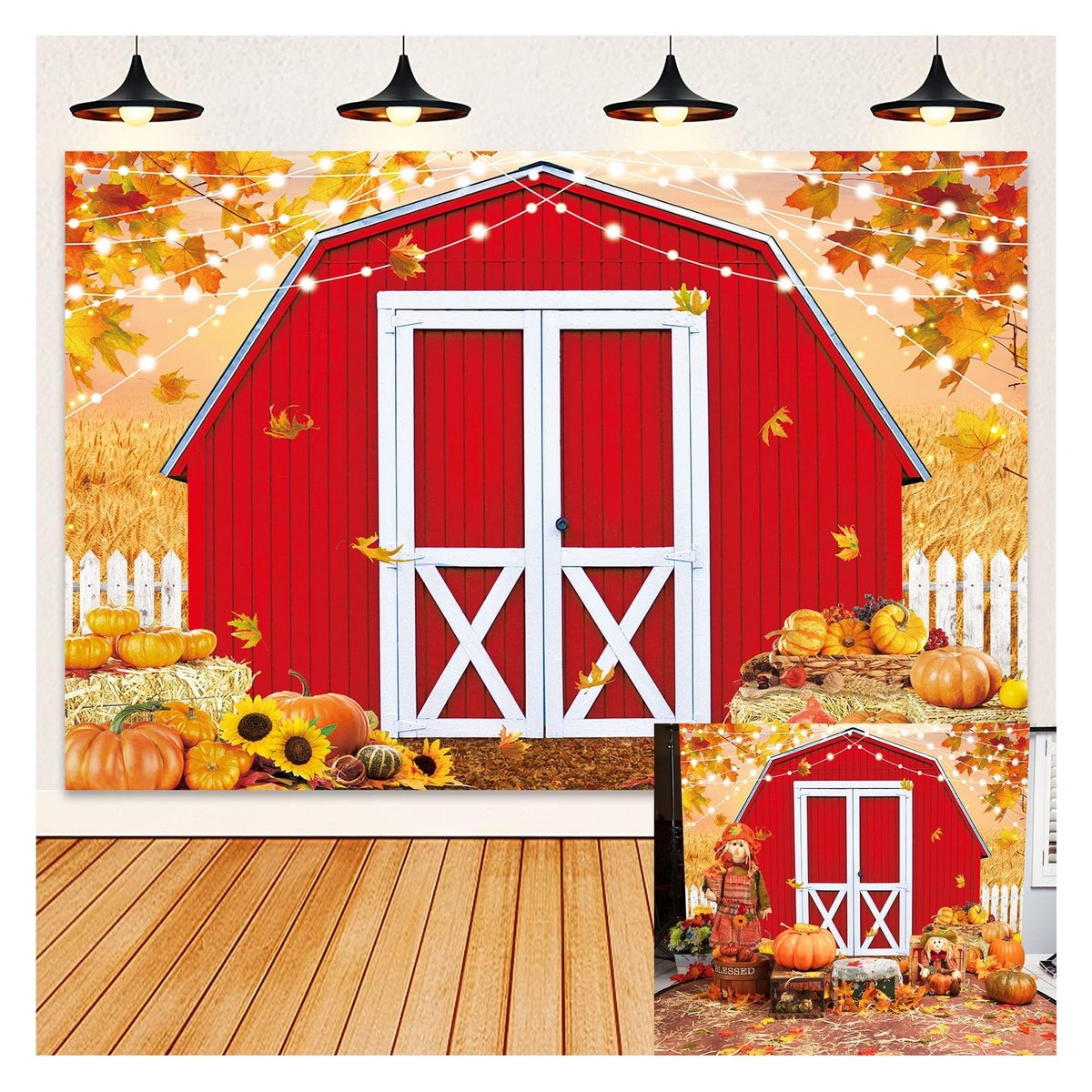 Autumn Harvest Red Farm Backdrop Fall Barn Door Pumpkin Maple