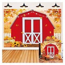 Autumn Harvest Red Farm Backdrop Fall Barn Door Pumpkin Maple Leaves Background