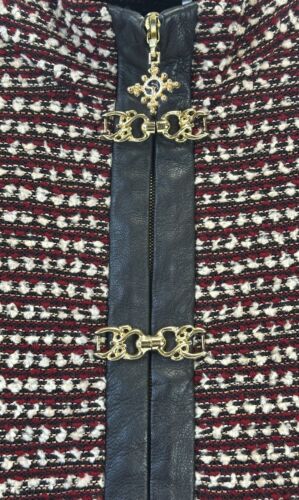 ST. JOHN Collection Knit Leather Trim Jacket 6 Red Brown Tweed Gold Buckle - Picture 4 of 8