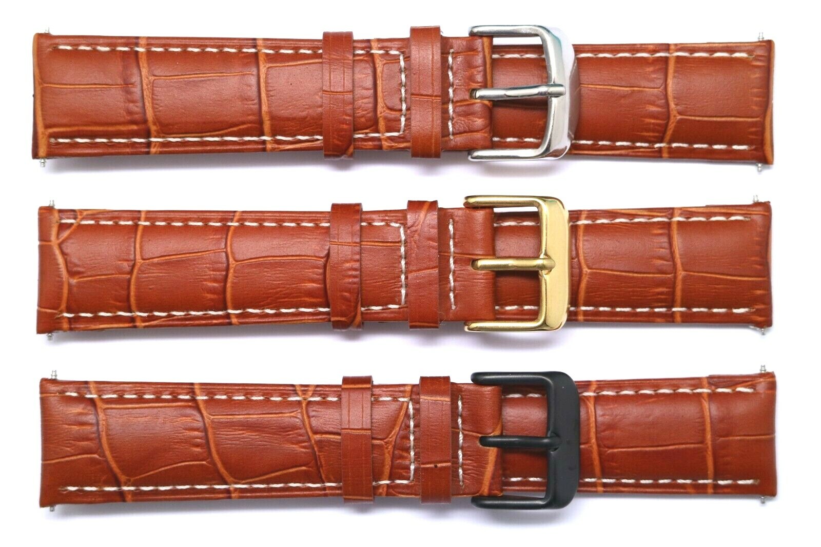 20 22mm Brown&sol;White Croco Embossed Leather Watch Band Silver&comma; Black&comma; Gold Buckle