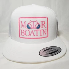 Motor Boatin Pink w/border Mesh Snapback Embroidered Flat Bill Trucker Hat