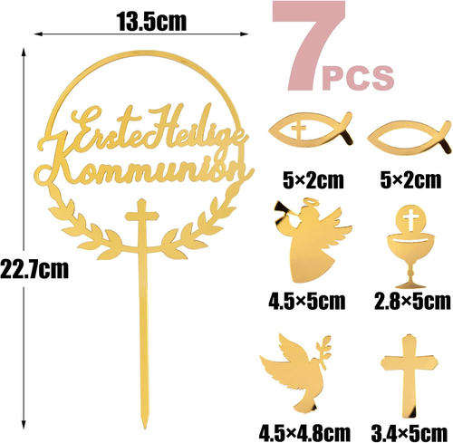7pcs Gold Kommunion Cake Topper Set - Kreuz, Taube & Fisch Torten Deko - Bild 2 von 6