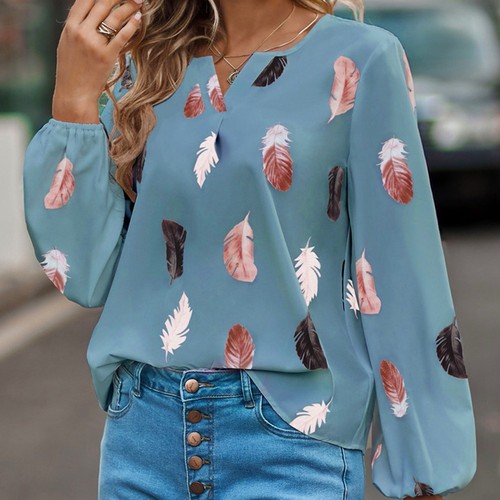 Feather Print Vneck Shirt Long Sleeve for Women Casual and Street Style - Picture 11 of 37