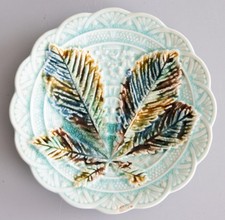 Antique Swedish R rstrand Majolica Turquoise Chestnut Leaf Dessert Plate 6.75"