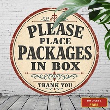 package delivery sign please place packages in box typography round vintage meta