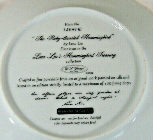 Lena Liu Pocelain Collectors Plate The Ruby Throated Hummingbird No. 15341E 1992 - Picture 4 of 4
