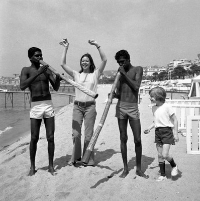 British actress Jenny Agutter with two aborigines at the Cannes Fil- Old Photo