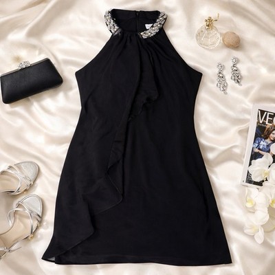 Cache Y2K Fairy Prom Minimal Dress Beaded Pearl Neck Halter Mini Party Bodycon 2