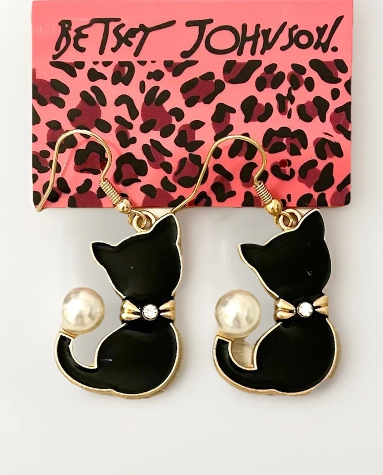 Betsey Johnson Black Rhinestone Pearl Kitty Cat Dangle Earrings NWT - Image 3 of 4
