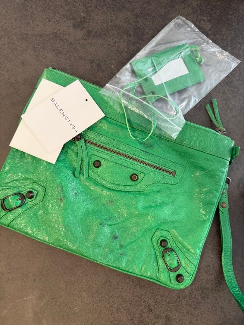 BALENCIAGA The City Zip-Around Clutch Bag Green Leather Authentic USED from JAPA