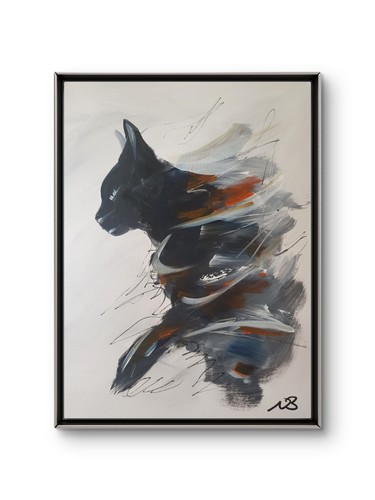ORIGINAL ACRYLIC PAINTING 12x16 BLACK CAT ABSTRACT HOME WALL ART PAINTED CANVAS - Picture 1 of 11