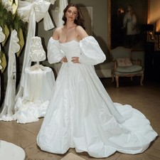 Princess A-Line Wedding Dresses Strapless Lantern Sleeves Satin Bride Gowns