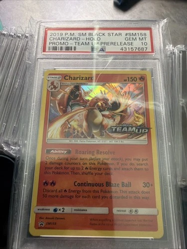 2019 POKEMON SM BLACK STAR PROMO TEAM UP PRERELEASE #SM158 CHARIZARD-HOLO PSA 10
