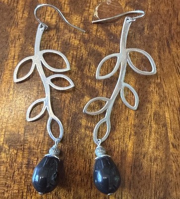Sterling Silver 925 Leaf Pattern Black Onyx Dangle Drop Earrings 2.25 In