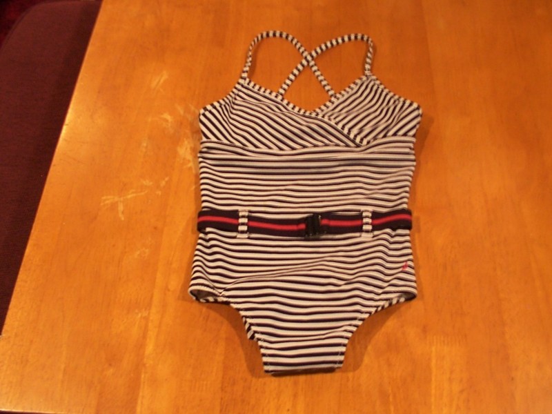 NWT Nautica Girls One Pc. Striped Belted Swimsuit Crossed Straps-Sz. M(10/12)