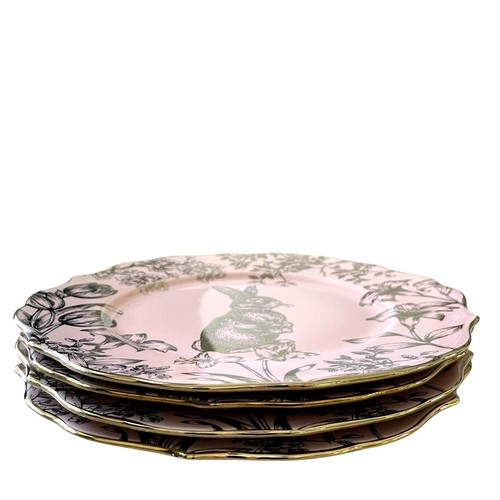 222 Fifth Pink & Gold Bunny Hill Porcelain Dinner Plates 10.75" Easter Set 4 New - Picture 18 of 18