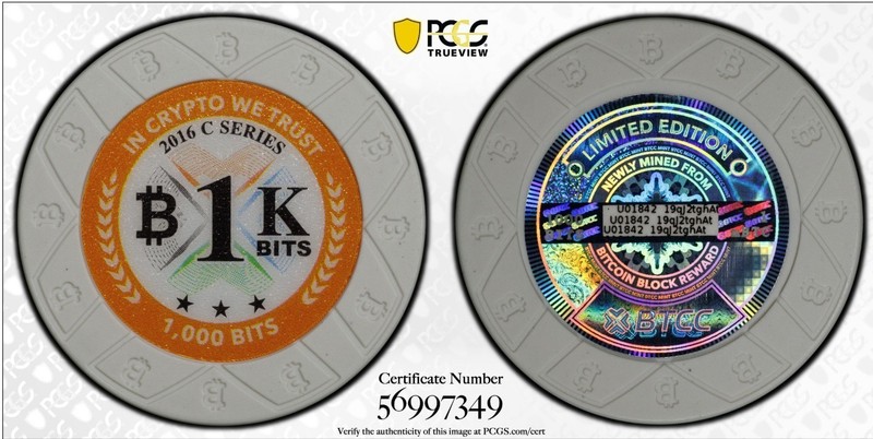 2016 BTCC 1K Bits White Bit Coin Poker Chip PCGS MS-70 - 0.001 BTC