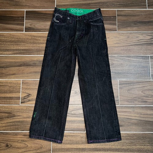 Y2K Coogi Boys Black Denim Embroidered Pocket Baggy Jeans Sz 10 Hip Hop Skater - Picture 2 of 7