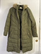 olive green long puffer coat with a faux-fur trimmed hood. Size M