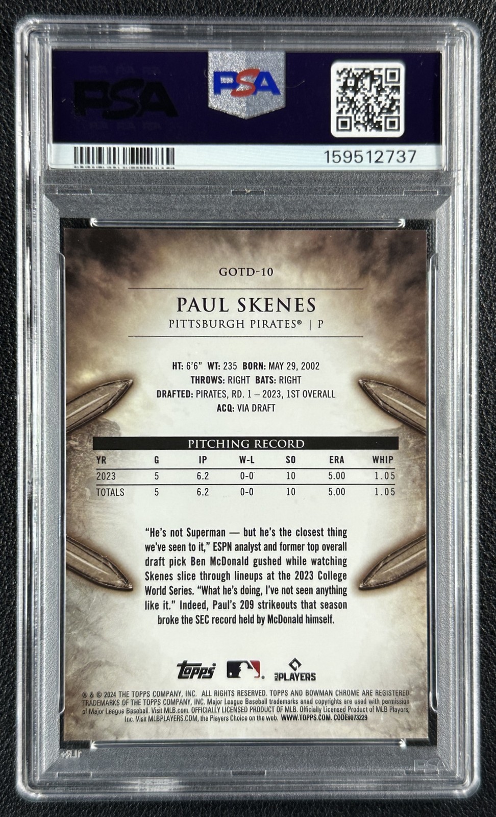 PAUL SKENES PSA 10 2024 BOWMAN CHROME GLADIATORS OF THE DIAMOND ORANGE RC 18/25 view 2